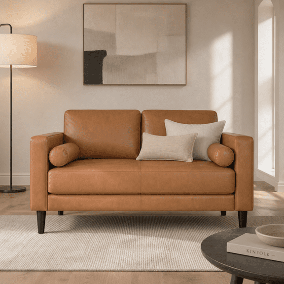 Naomi Home Marisa Genuine Leather Mid-Century Modern Loveseat, Removable Cushions, Matching Bolster Pillows, Sturdy Hardwood Frame, Cozy 2-Seater Comfort, Ideal for Small Spaces, Tan