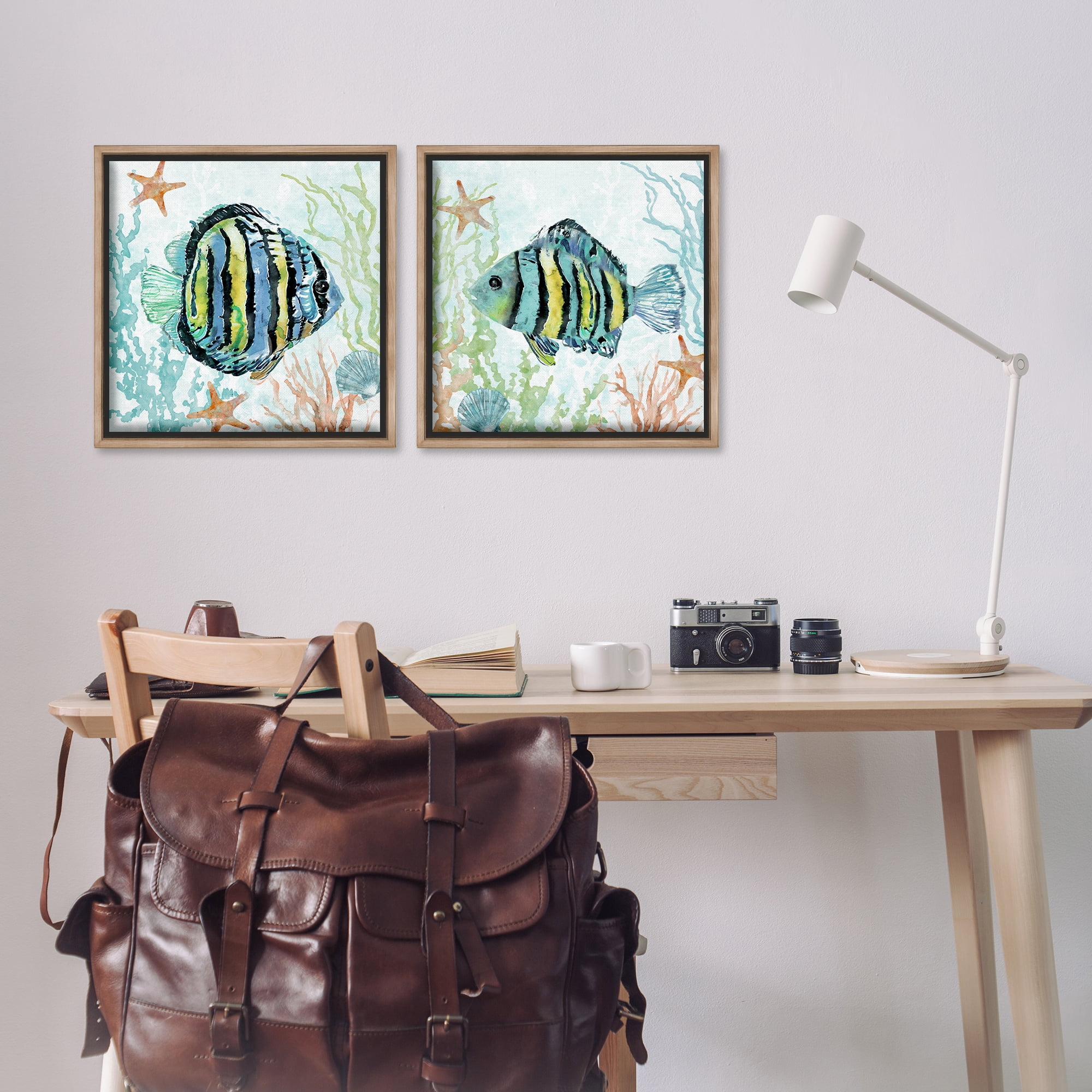 Stupell Industries Aquatic Striped Fish Animals Painting Brown Floater Framed Canvas Art Print Wall Art, 18 x 18, Set of 2