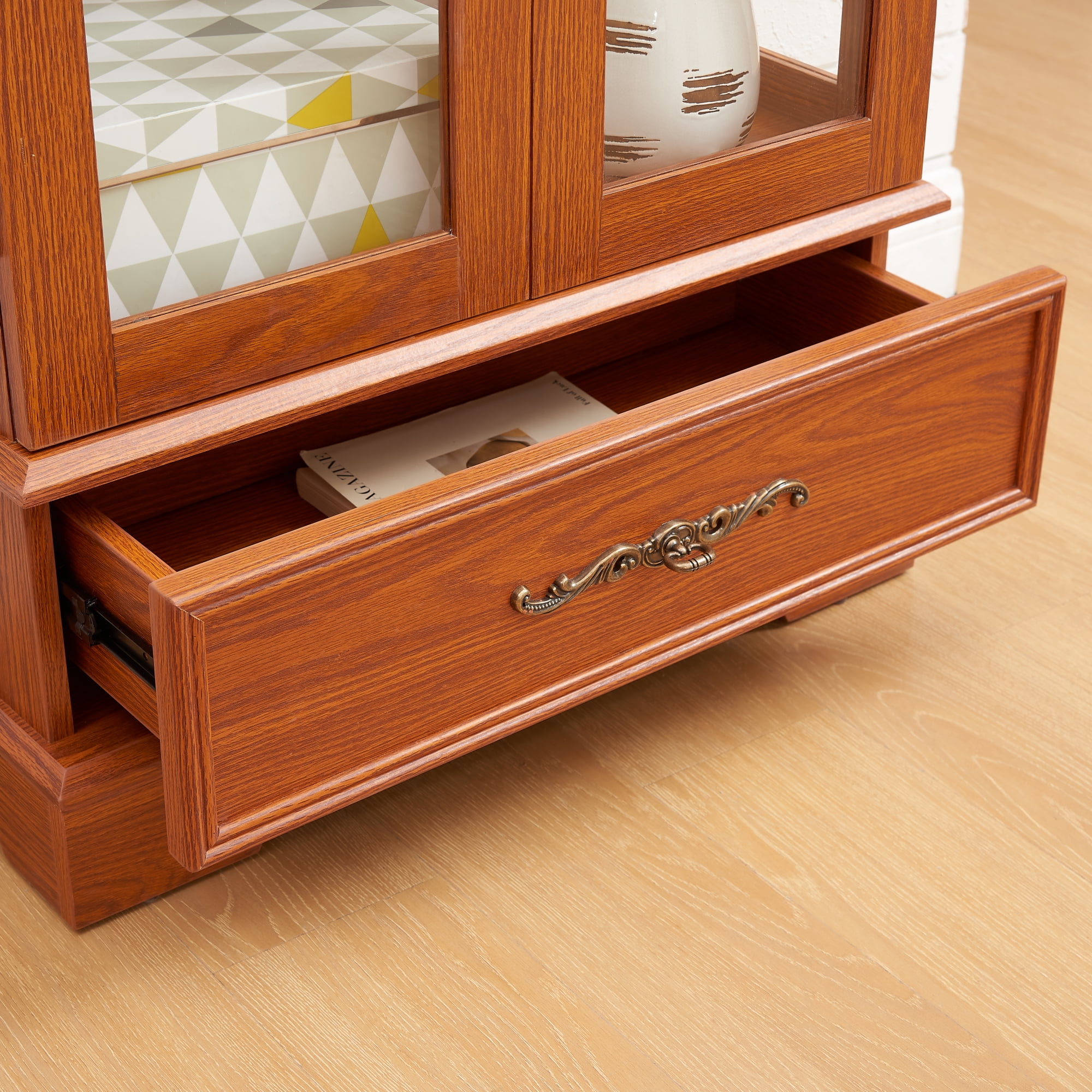 Leumius Glass Cabinet Lighted Glass Cabinet Curio Display Cabinet with Adjustable Glass Shelves 2 Doors and 1 Drawer for Living Room, Kitchen, Dining Room Dark Oak