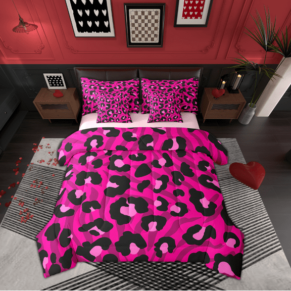 Manfei Leopard Print 7-Piece Twin Bedding Sets,Zebra Pattern Bedding Comforter Set,Pink Black Sheet Sets For Teens,Super Cozy Room Decor Reversible