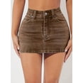 thumbnail image 4 of Coffee Brown High-Waisted Bodycon Denim Mini Skirt With Front Pocket, 4 of 27