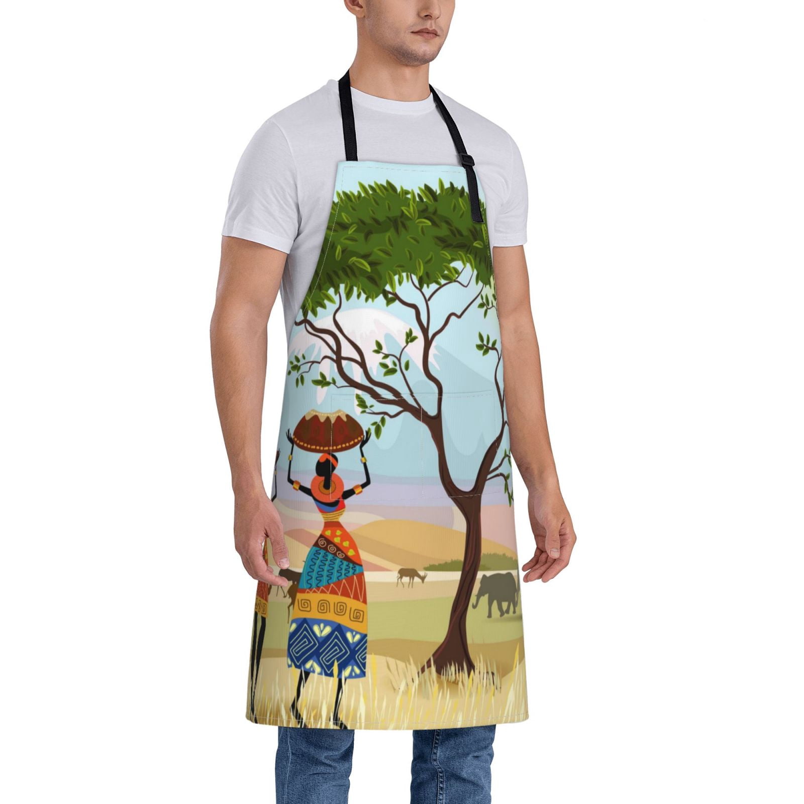 Kdxio African Women in Mountain Landscape Apron with Pockets Adjustable Kitchen Aprons for Men Women Waterproof Aprons for Cooking,Drawing,Crafting, Baking Household Cleaning