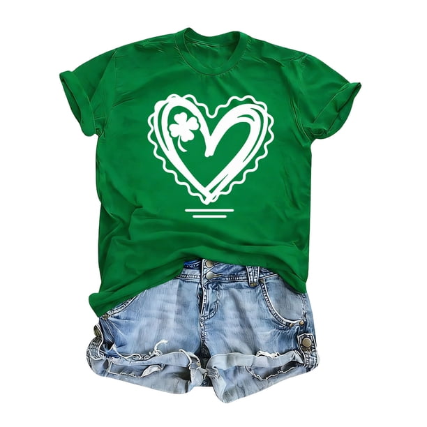 Camiseta de Cuello Redondo Impresa Casual de Manga Corta de las Mujeres para el Día de San Patricio, la Primavera Y el Verano