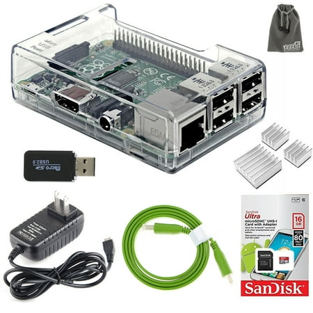 EEKit 6in1 Kit for Raspberry Pi 3 Model B+/B, Clear Protective Case+16 GB SanDisk MicroSDHC 16GB Memory TF Card/Adapter+Micro USB Wall Charger+HDMI Cable 1m (Best Micro Sd Raspberry Pi 3)