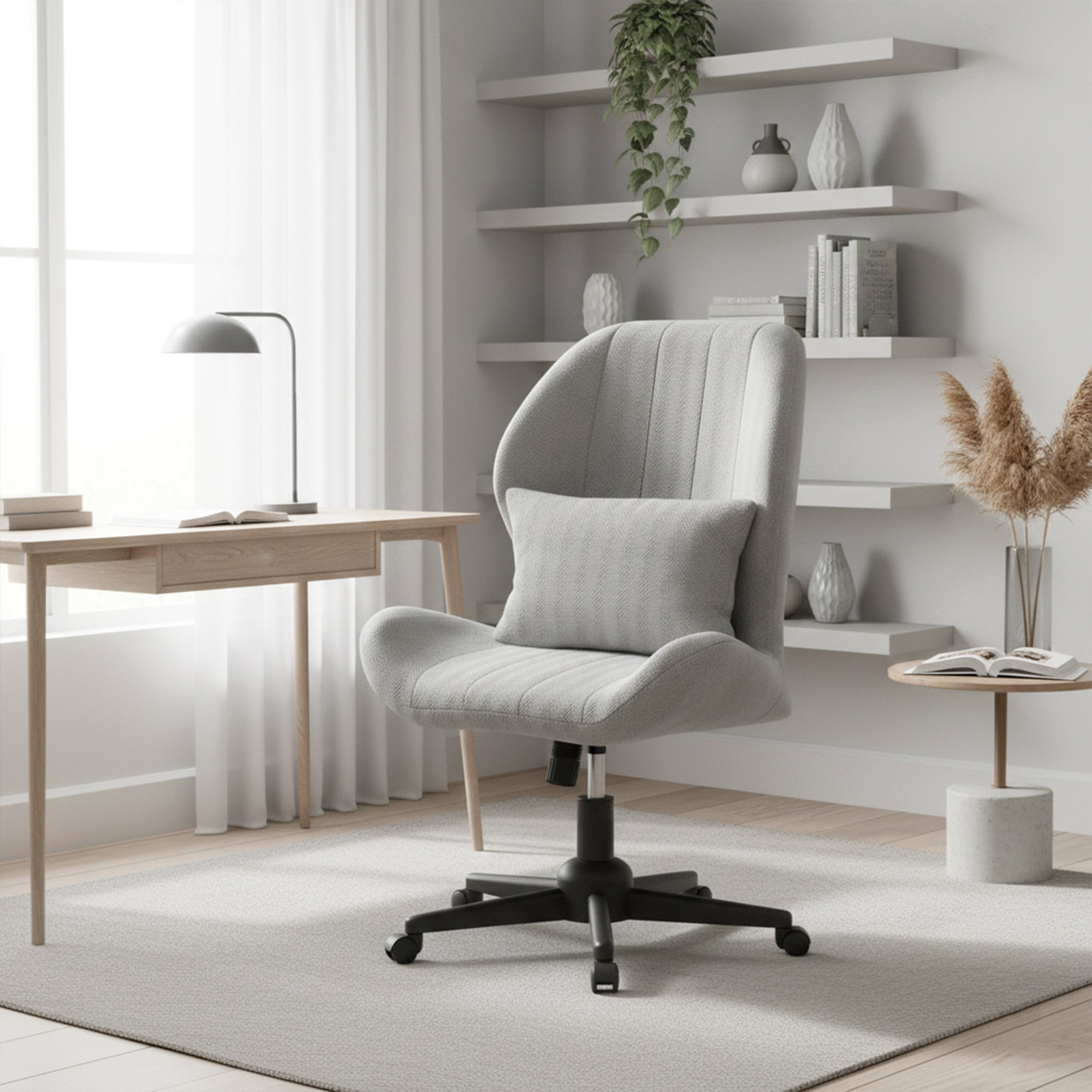 YIKEMA High Back Armless Rolling Office Chair, Wide Ergonomic Seat, Light Gray