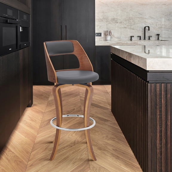 Newboti Furniture Fiera 29" Swivel Gray Faux Leather and Walnut Wood Bar Stool BN.7724