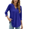 thumbnail image 3 of Rejlun Ladies Tee 3/4 Sleeve T-shirt V Neck T Shirt Casual Tops Loose Dailywear Tunic Blouse Blue S, 3 of 4