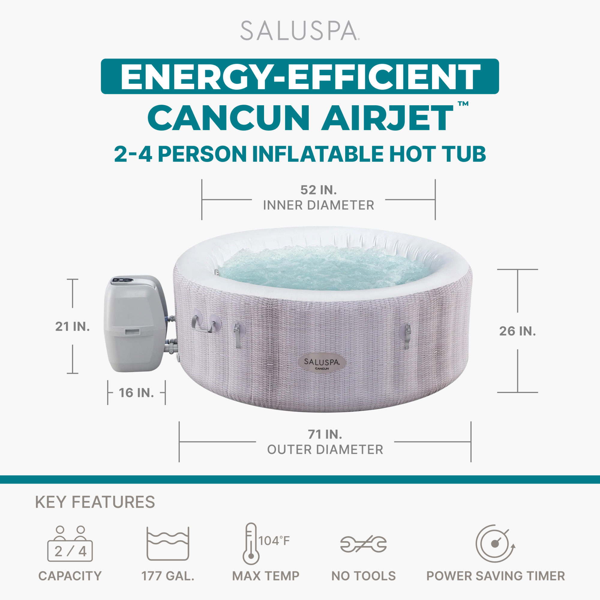 Bestway SaluSpa Cancun 2-4 Person Inflatable Hot Tub, Round Energy-Efficient Spa, 71"x26"