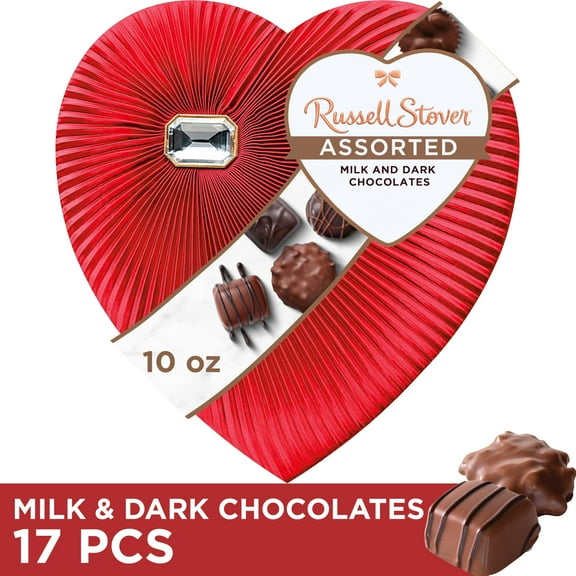 Russell Stover Valentine's Day Diamond Brooch Heart Assorted Milk & Dark Chocolate Gift Box, 10 oz.