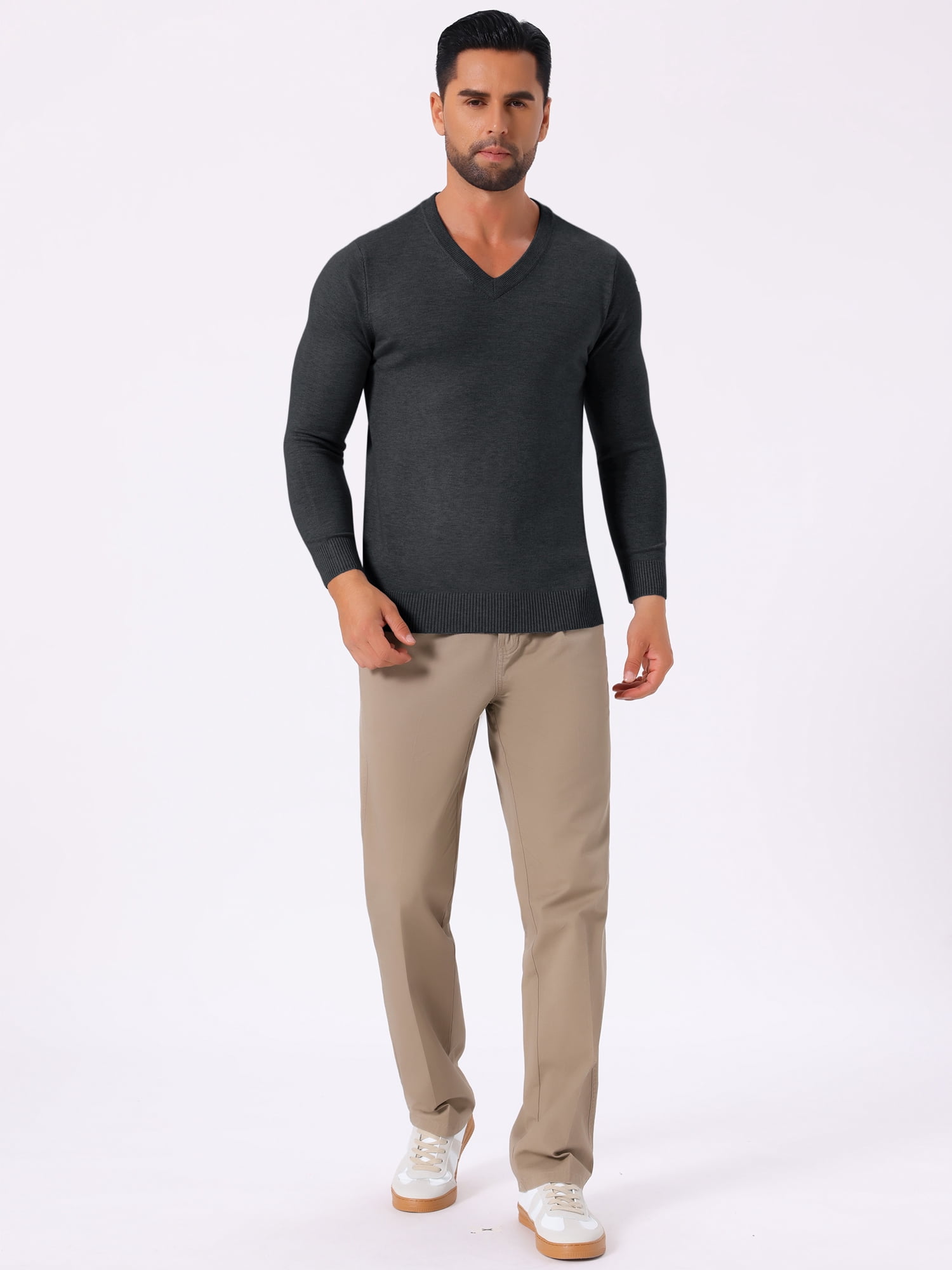 DARING DIVA Men's Long Sleeve V-Neck Solid Knitted Pullover Sweater S Black Gray