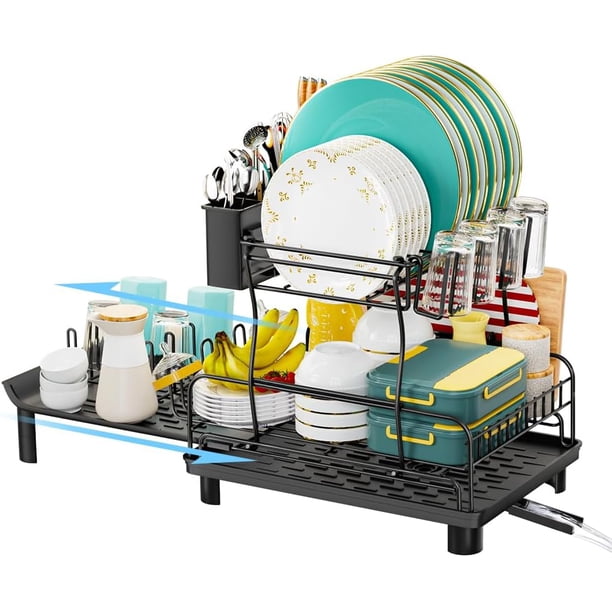JESWO Escurridor de Trastes Extensible, 2 Niveles Escurridor de Platos con Sistema de Drenaje Automático, Soporte de Vajilla, Tabla de Cortar, Vasos, Cubiertos y Accesorios de Cocina