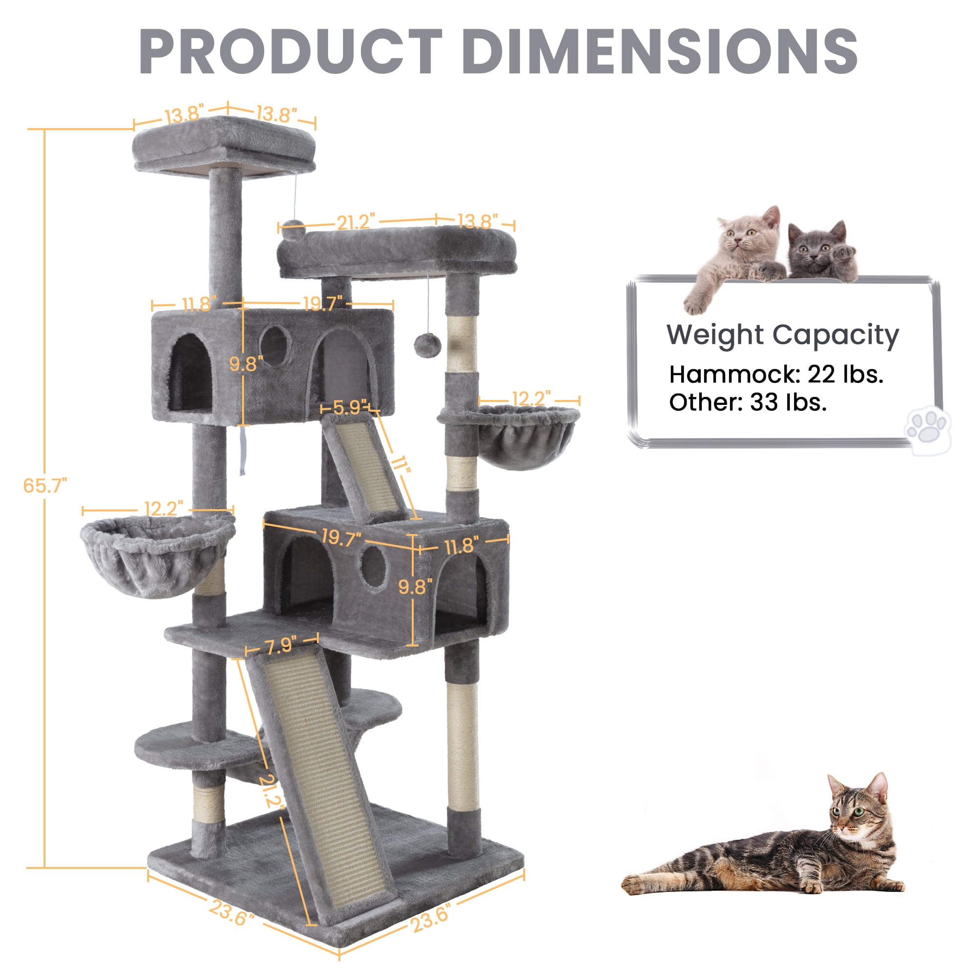 Merrland 65.7 " Large Cat Tree Tower and Condo for Cats with Hammock & Scratching Posts, Grey