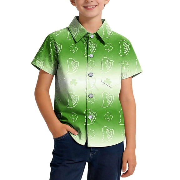 OGLCCG Kids Boys St.Patrick's Day Shirt Irish Clover Printed Short Sleeve Button Down Shirts Loose Fit Summer Casual Funny Hawaiian Shirt 2-15 Years