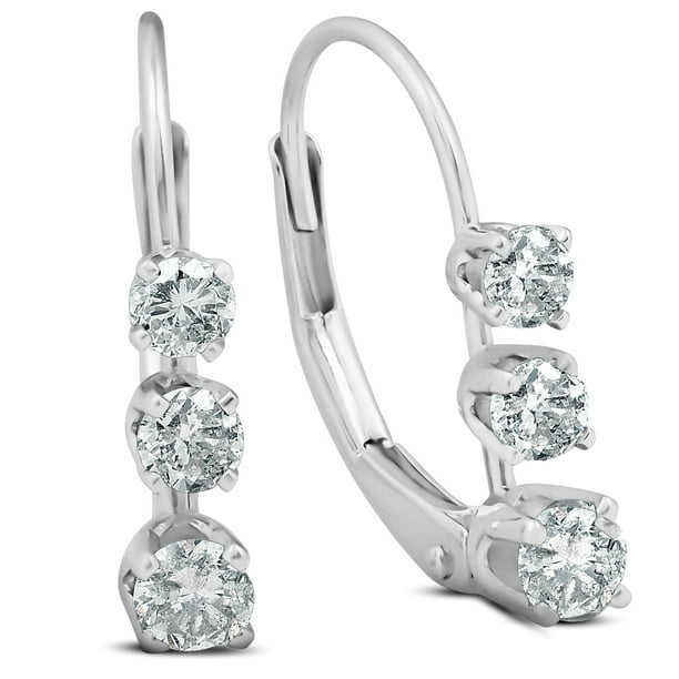 Pompeii3 1/2ct 3 Stone Diamond Hoops Lever Back Earrings 14K White