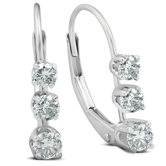 Pompeii 1/2ct 3 Stone Diamond Hoops Lever Back Earrings 14K White Gold (G/H,I2)