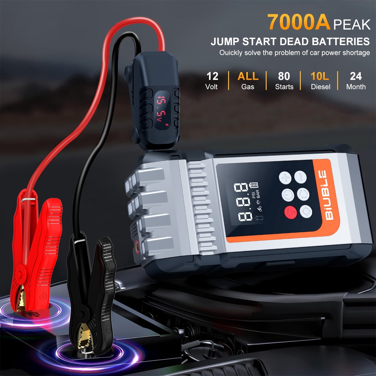 BIUBLE Portable Car Jump Starter with Air Compressor, 8000A Peak 12V Jump Box Car Battery Jumper Starter(All Gas/10.0L Diesel), 150PSI Digital Tire Inflator, LED Emergency, USB Cable, Emergency