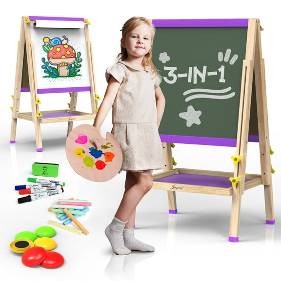 JOYOOSS Easel for Kids Art Easel Kids Easels for Toddlers Easel,Dual-Sided Adjustable Wooden Magnetic Board for Kids 106-PURPLE