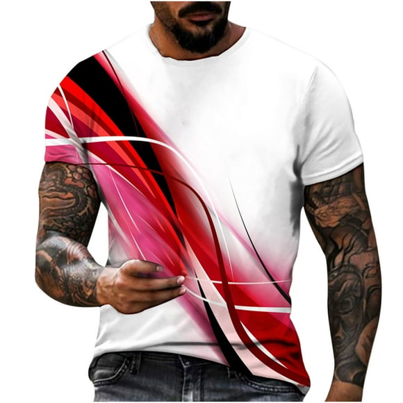 Mefallenssiah Men'S Short Sleeve Men Casual Round Neck Light Perception 3D Digital Printing Pullover Fitness Sports Shorts Sleeves T Shirt Blouse Red