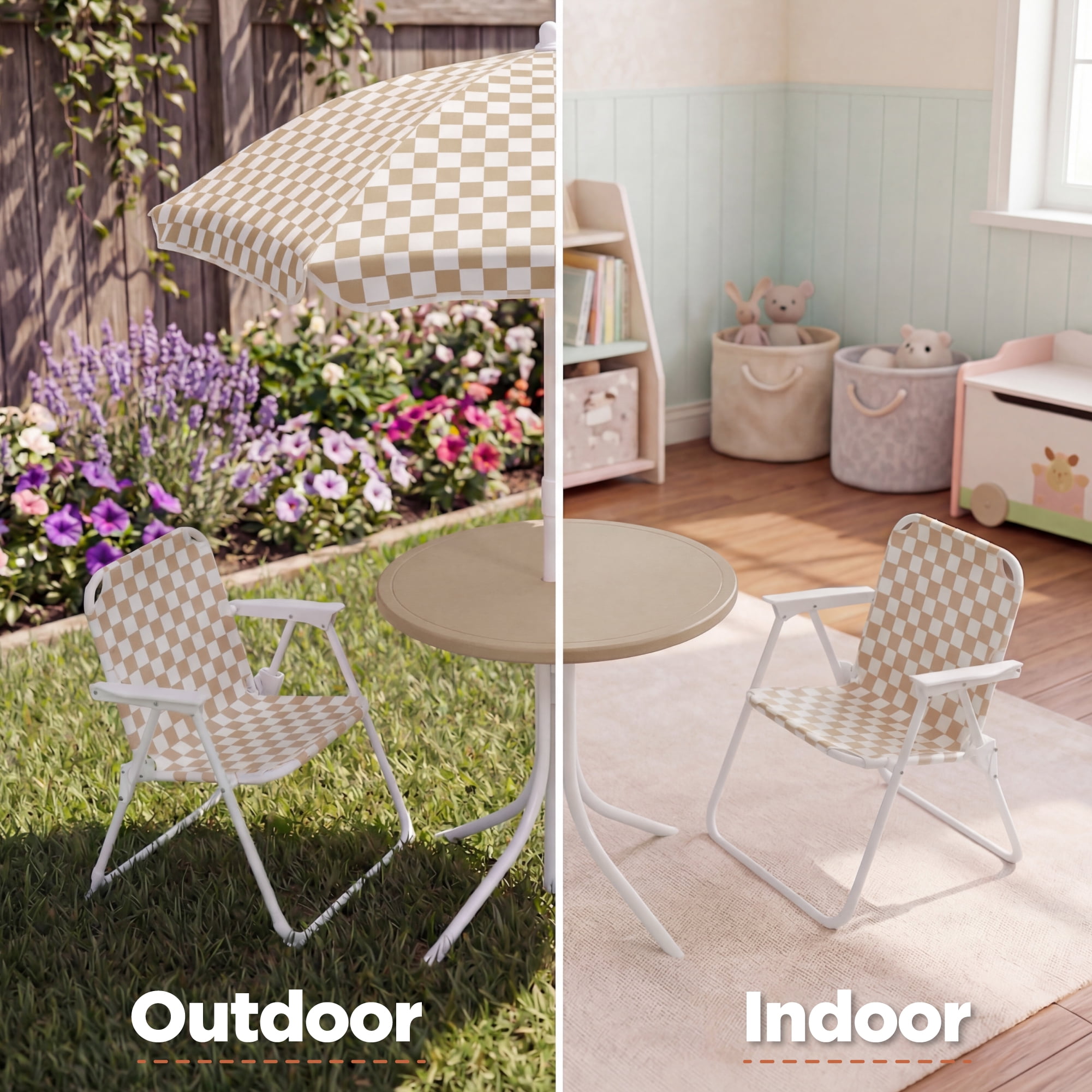 Best Choice Products Kids Outdoor Table and Chair Set with Umbrella, 3-Piece Foldable Toddler Picnic Set Ages 2-5 - Tan