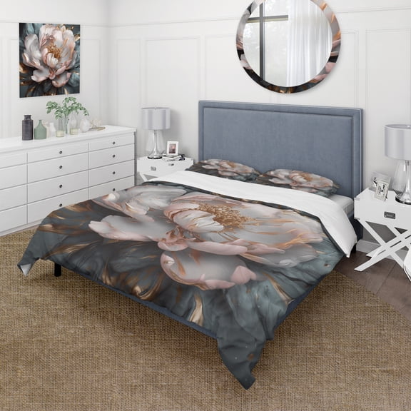 Designart "Peonies Blooming Pink Grey I" Floral Peony Bedding Covert Set - Peonies Pink Floral Bed Set With 2 Shams