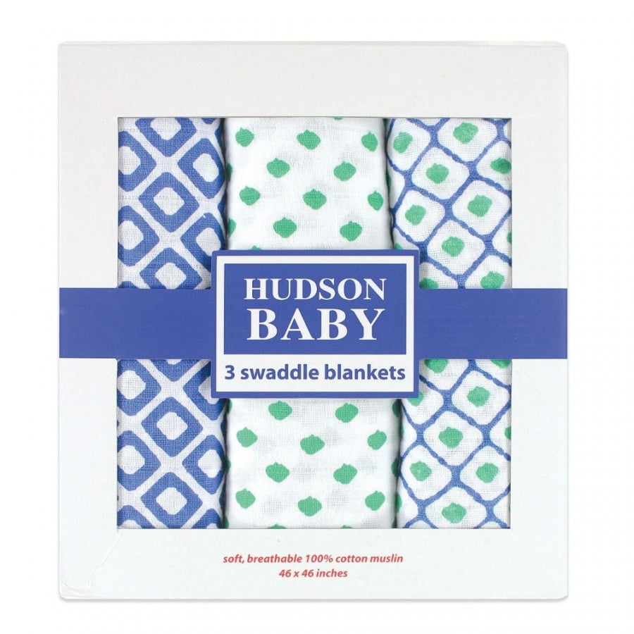 Hudson Baby Infant Boy Cotton Muslin Swaddle Blankets, Blue Dots, One