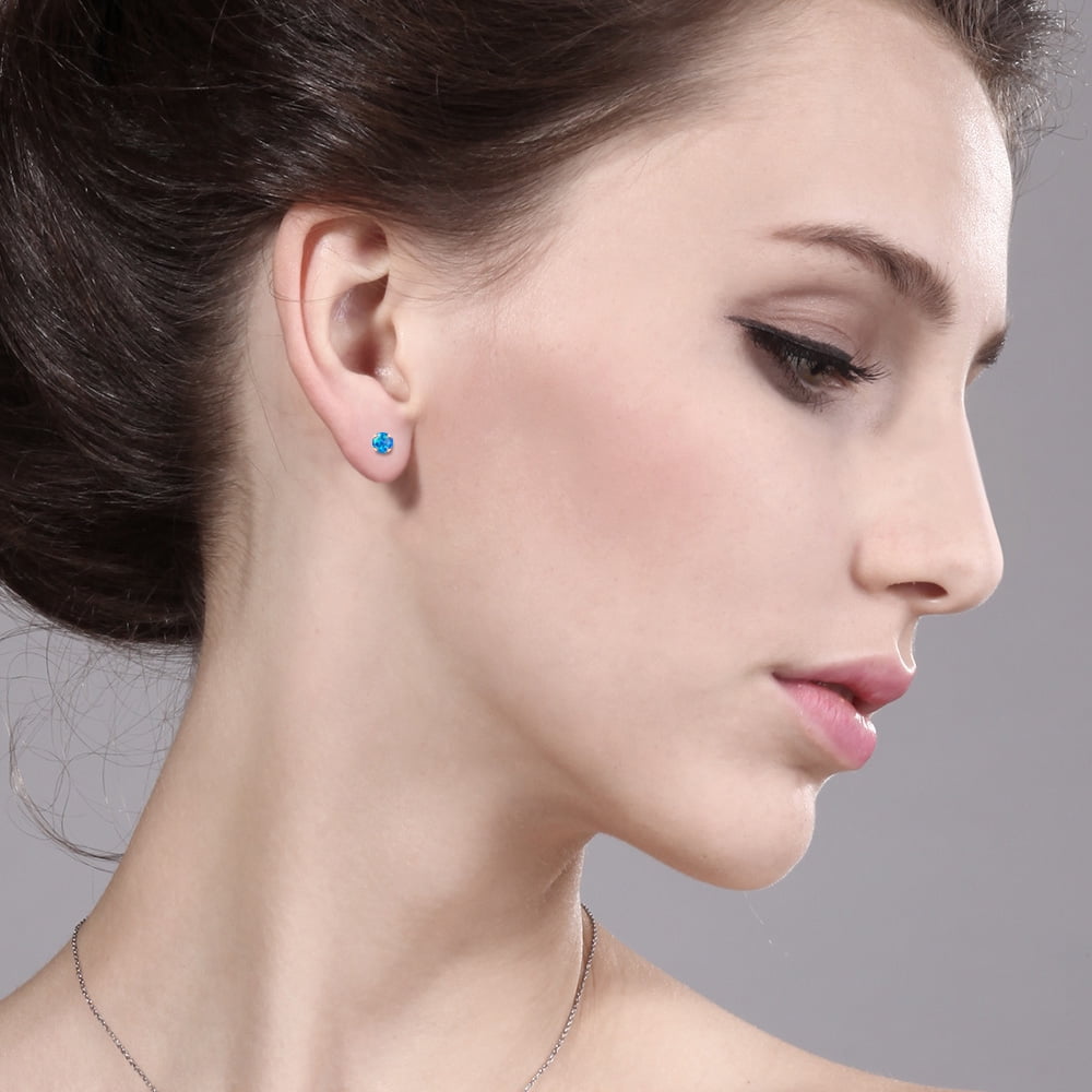 Gem Stone King 10K Rose Gold Blue Simulated Opal Stud Earrings for Women Men (0.50 Ct Round Cabochon 4MM)