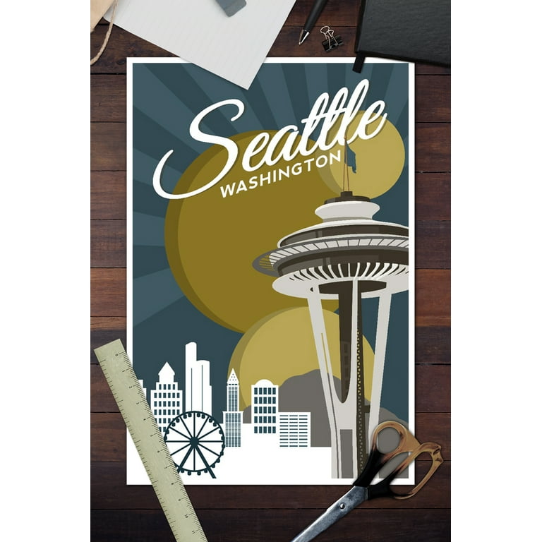 Seattle, Washington, Space Needle, Vector Poster, Decor) Wall Art Room (12x18