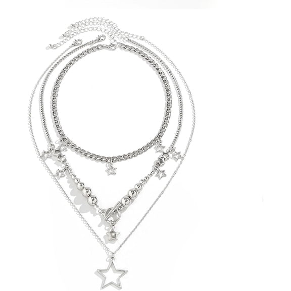 Trendy Y2k Silver Star Tassel Necklace Layering Stackable Pearl Beaded Figaro Chain Necklace Dainty Birthday Jewelry Accessory Present for Women Wife