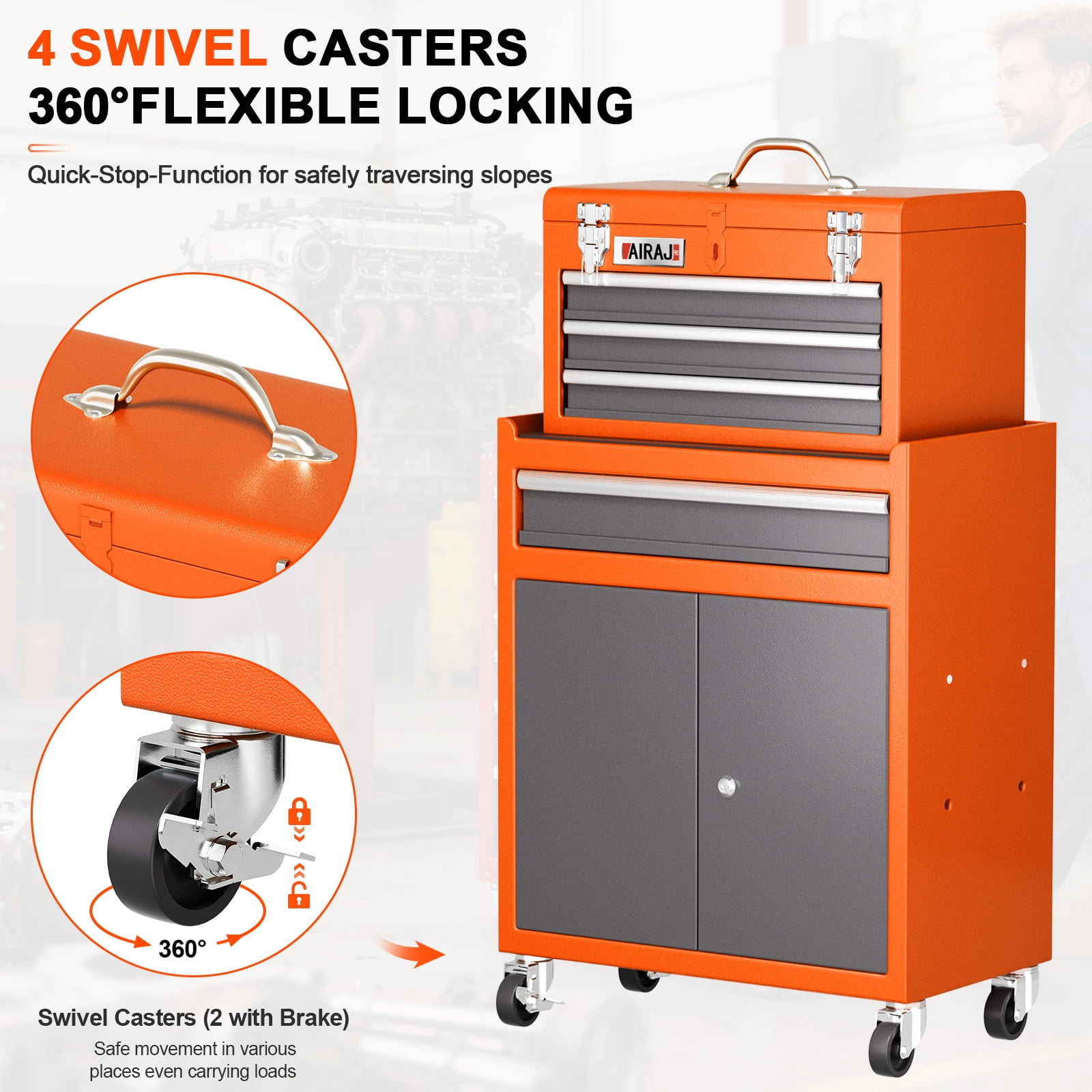 AIRAJ 40" 6-Drawer Rolling Tool Chest | Orange Metal Garage Storage Cabinet with Wheels & Detachable Tool Box Top
