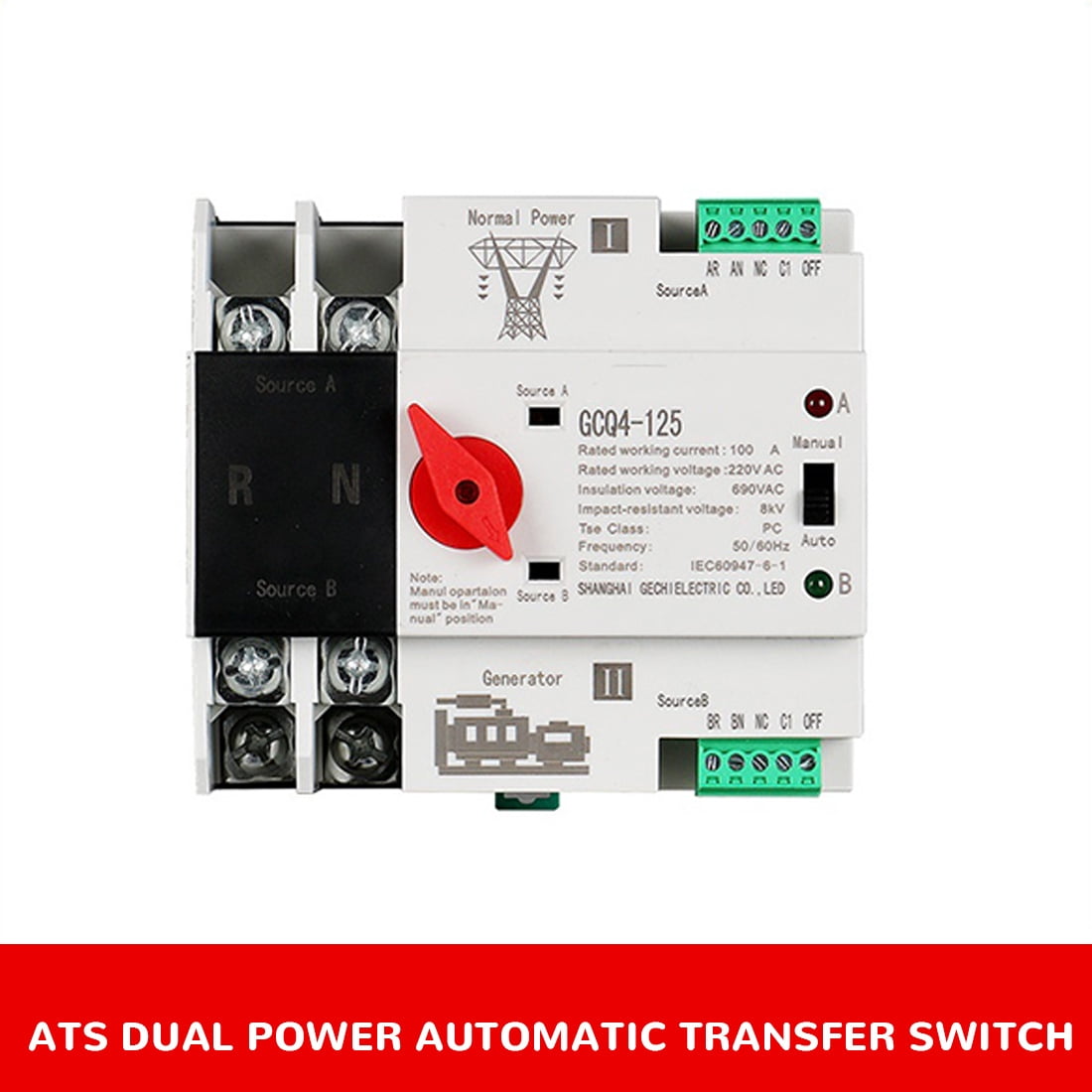 Single Phase Din Rail ATS 220V PC Dual Power Automatic Transfer Switch 2P 100A Household Power Transfer Switch 50/60Hz
