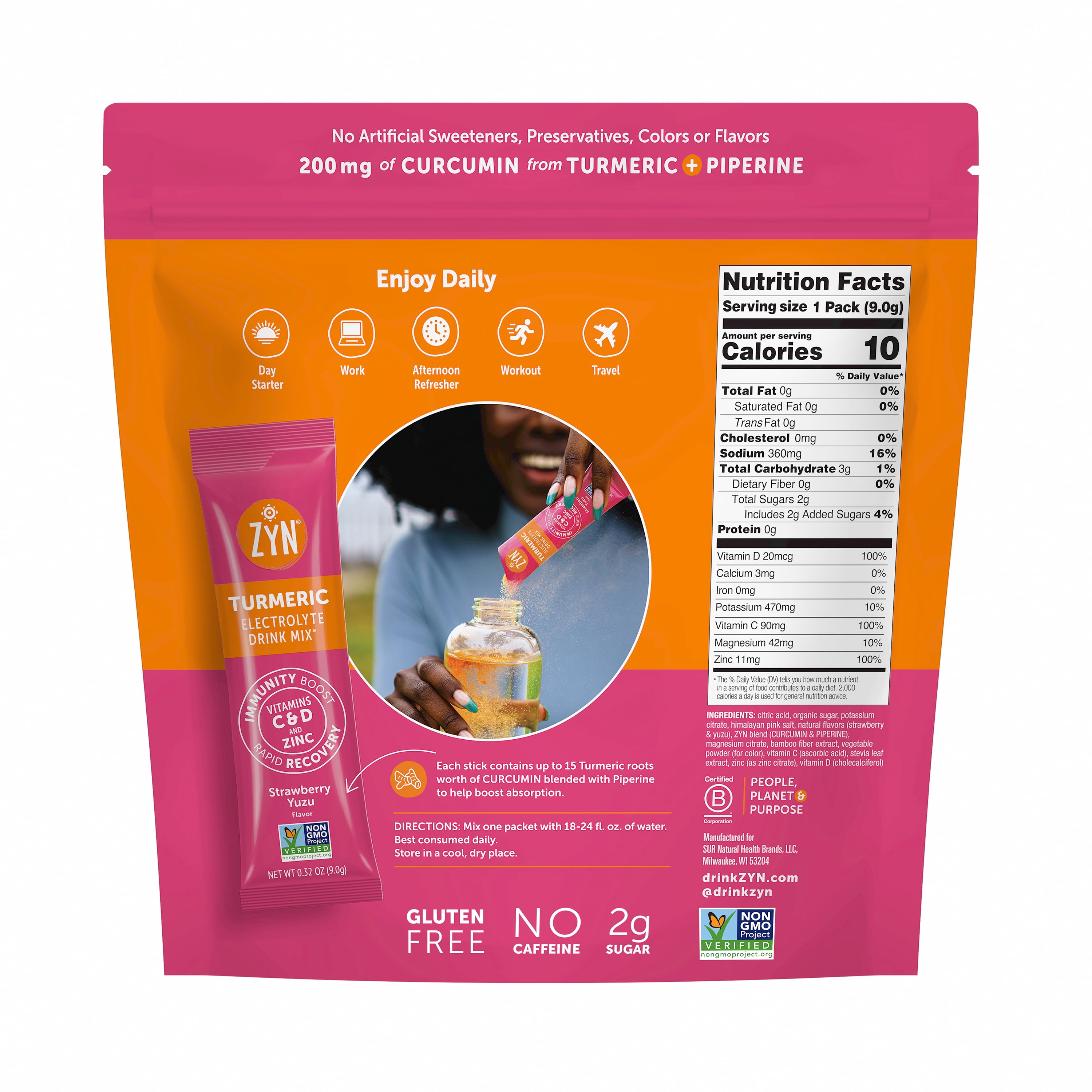 ZYN Electrolyte Drink Mix Hydration Packets, Strawberry Yuzu Electrolytes Powder, Hydration Packets w/Turmeric Curcumin, Vitamin C & D, Zinc, Hydrate & Recover Electrolyte Powder, Pack of 16