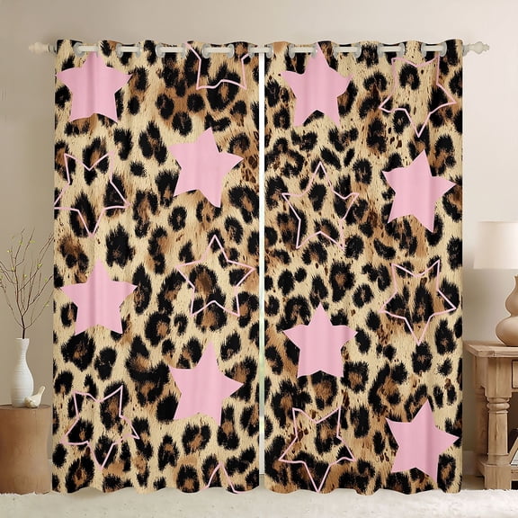 Feelyou Retro Cheetah Print Black Out Curtains, Stars Curtains Pack of 2 (42x63 Each)