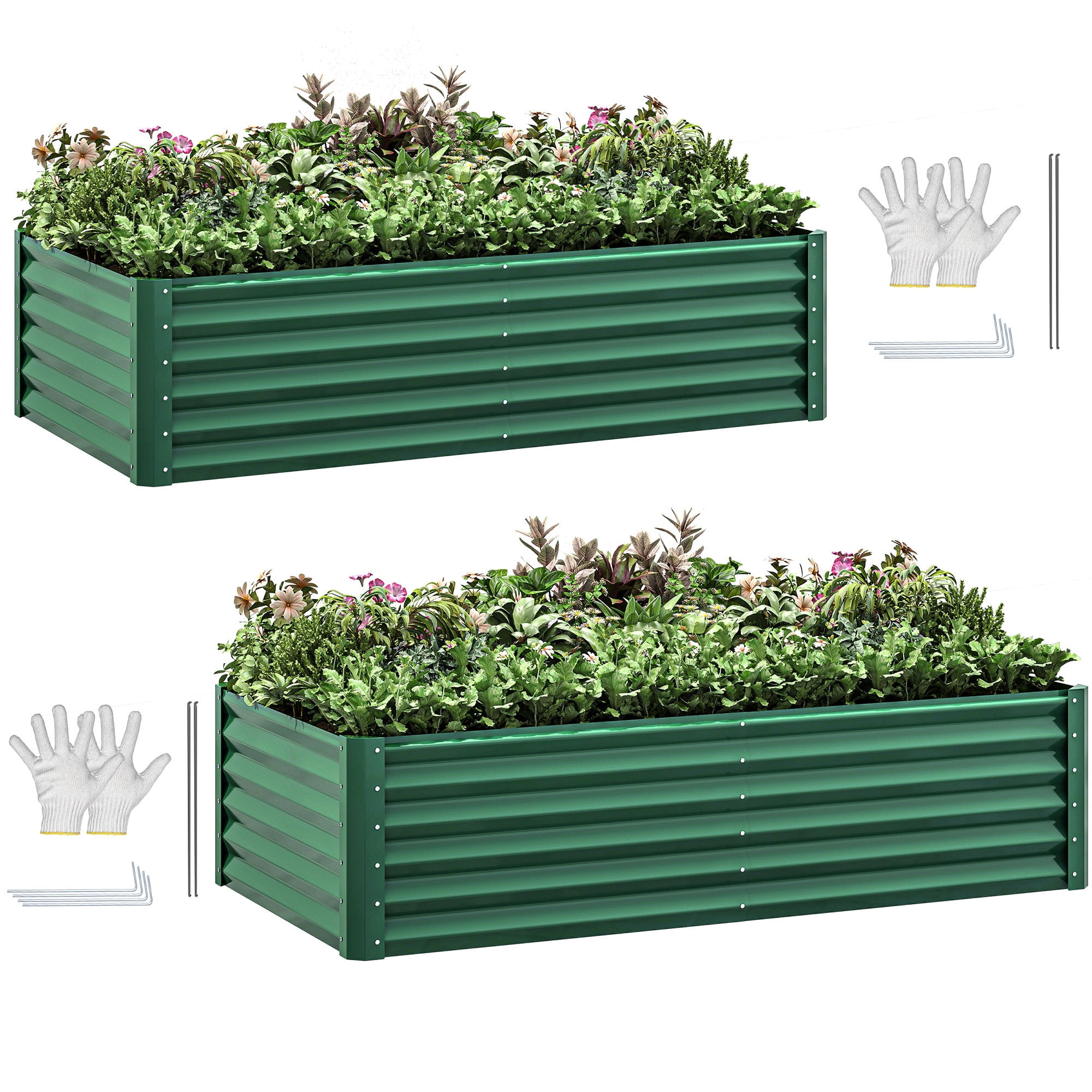 Uforic 2PCS 6X3X1.5FT Galvanized Metal Raised Garden Bed Kit with Gardening Gloves, Outdoor Large Planter Box for Vegetables Flowers Herbs Fruits, Green