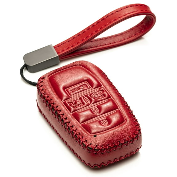 Vitodeco Genuine Leather Smart Key Fob Case with Leather Key Strap Compatible for Toyota Rav4 Prime 2021 (5-Button, Red)