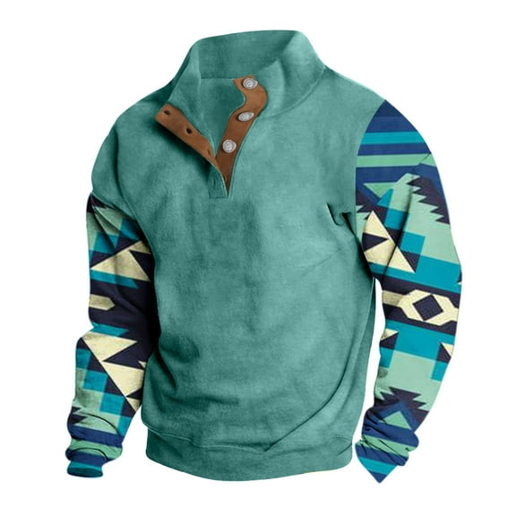 Penkiiy Mens Corduroy Sweatshirts Casual Lapel Collar Henley Shirts Mock Neck Button Pullover Waffle Sweater Mint Green