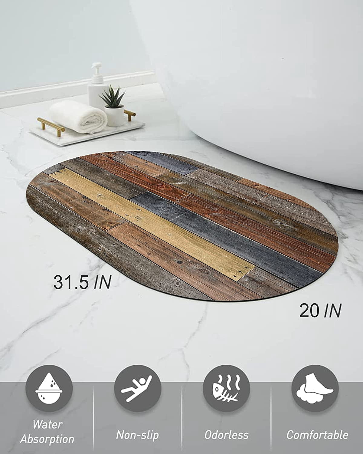 Rustic Old Barn Wood Doormat Diatomaceous Earth Bath Mat - Wood Look Rubber Non Slip Quick Dry Super Absorbent Washable Bathroom Rugs Fit Under Door（Oval,31.5×20 inch）