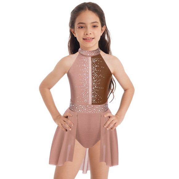 Kaerm Kids Girls Ballet Lyrical Dance Dress Sleeveless Figure Ice Skating Dress Gymnastic Leotard Coffee 14