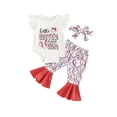 thumbnail image 2 of Aojekbee Baby Girls Summer Outfits Baseball Print Ruffles Romper and Elastic Flared Pants Headband 3 Piece Clothes, 2 of 10