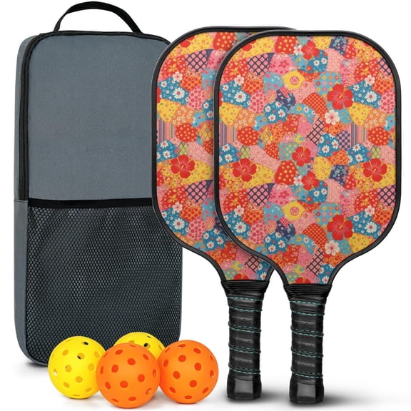 Pickleball Paddles Set,Pioneer Flower Floral Print Pattern Fiberglass Surface Pickleball Racket Set with 2 Indoor Outdoor Pickleball Balls and Pickleball Bag,Pickle-ball Equipment