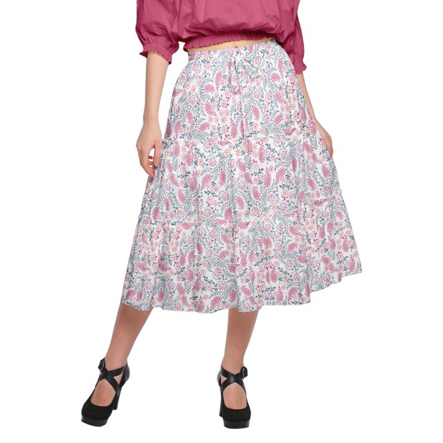 Moomaya Jupe en Coton avec Taille Élastique à Enfiler Jupe Évasée Imprimée Tenue d'Été