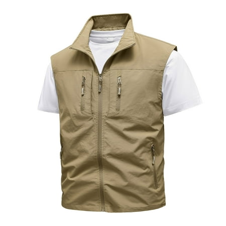 YLSDY Men s Lightweight Outdoor Travel Vest Windproof Multi-Pocket Quick Dry Breathable Mesh Sports Fishing Photography Waistcoat Khaki XXXXXXL