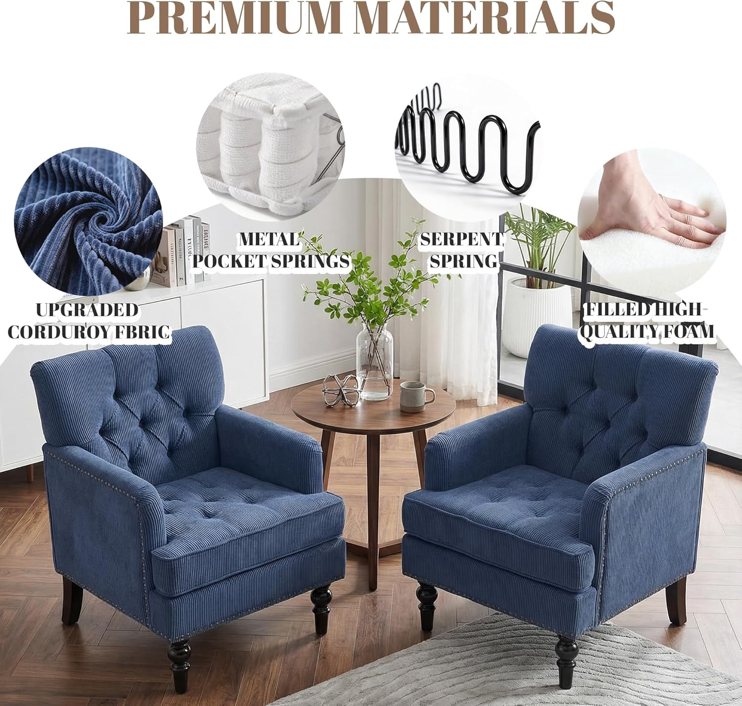 MOONMISS 26.4" Wide Accent Chair,tufted Club Chair With Linen Fabric,upholstered Button Armchair For Bedroom, Living Room,Blue