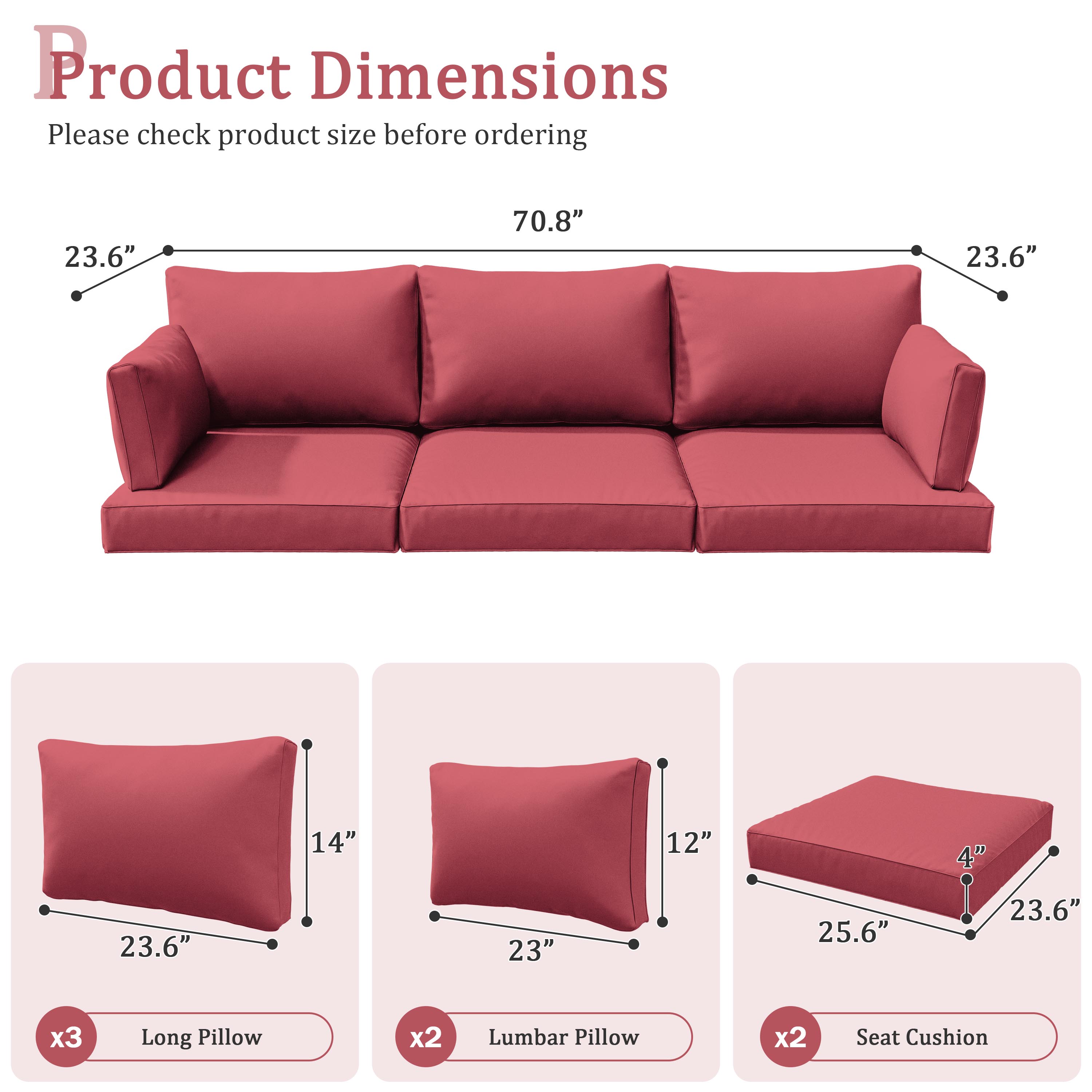 Snubbull 8-Piece Patio Furniture Cushions, Replacement Outdoor Cushions for 3-Seat Sectional Sofa, Waterproof & Zipped, 25.6"*23.6"*7", Fuchsia Red​