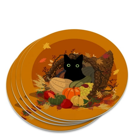 

Thanksgiving Black Cat Hiding In Cornucopia with Pumpkins Novelty Coaster Set