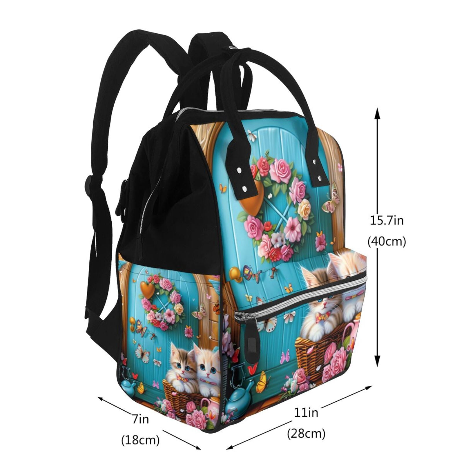 Fuzoiu Whimsical Cats and Flowers Scene Print Diaper Bag Backpack,Baby Essentials Travel Tote,Multi function Waterproof Diaper Bag, Travel Essentials Baby Bag - Unisex