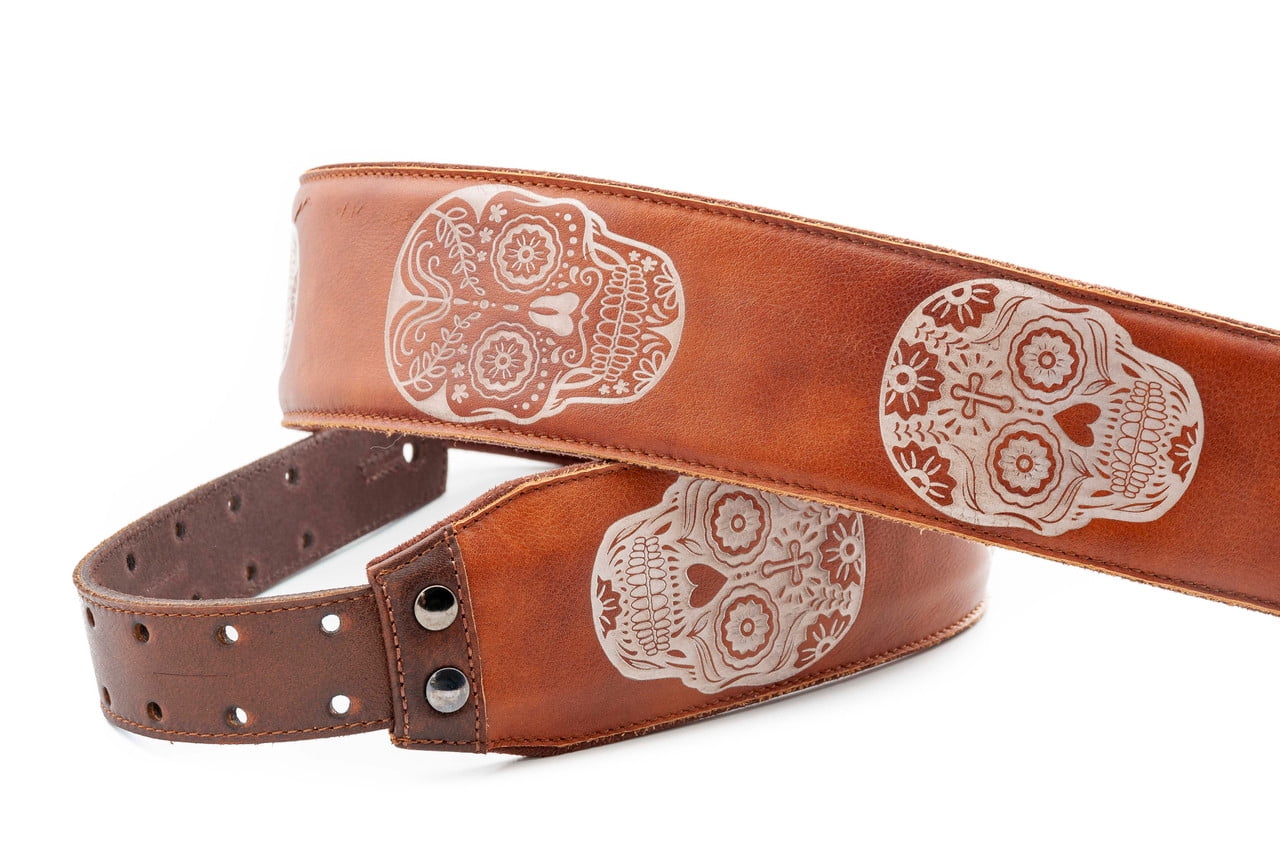 RightOn! Leathercraft Sugar Skulls Guitar Strap – Woody Brown