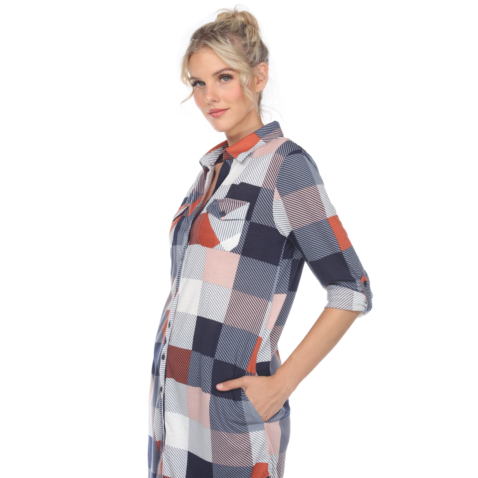 White Mark Women's Light Weight Plaid Print Tunic with Pockets