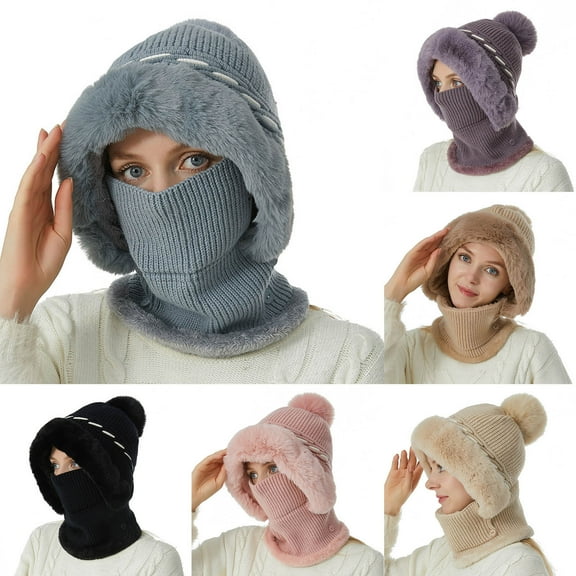 UTSJKR Women One-Piece Winter Warm Beanie Hats Fleece Lined Knit Cap Balaclavas Mask Set Skull Neck Scarf with Pompom Beige