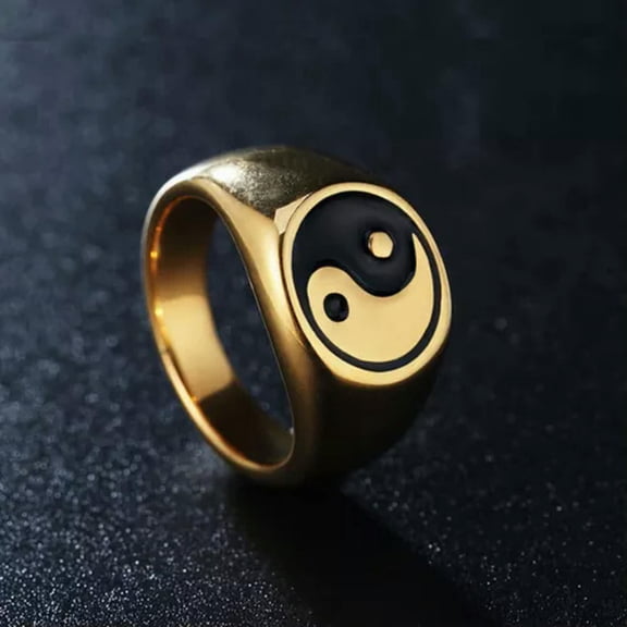 K-KED Vintage Tribal Ying Yang Tai Chi Pattern Ring Stainless Steel Punk Biker Ring-12-Gold