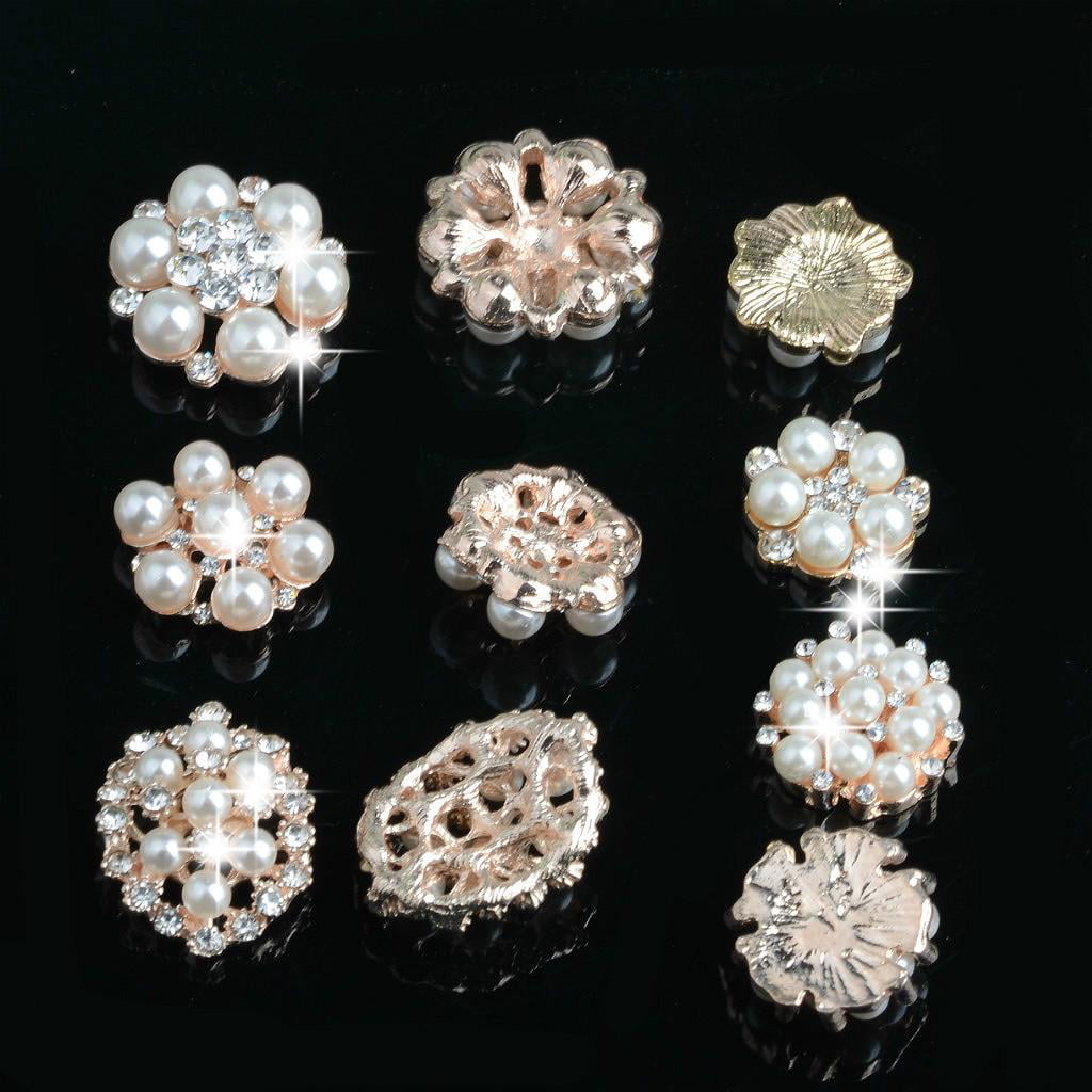 Blesiya 10pcs Rose Gold Pearls Button Craft Findings Rhinestone Ornaments 